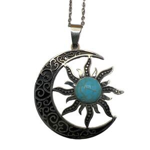 NEW Faux Turquoise Silver Chain Sun And Moon Pendant Necklace